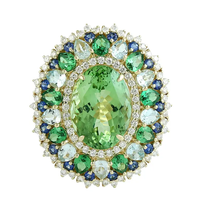 14K Gold Multi-Halo Cocktail Ring With Green Tourmaline, Aquamarine, Tsavorite, And Sapphire 1