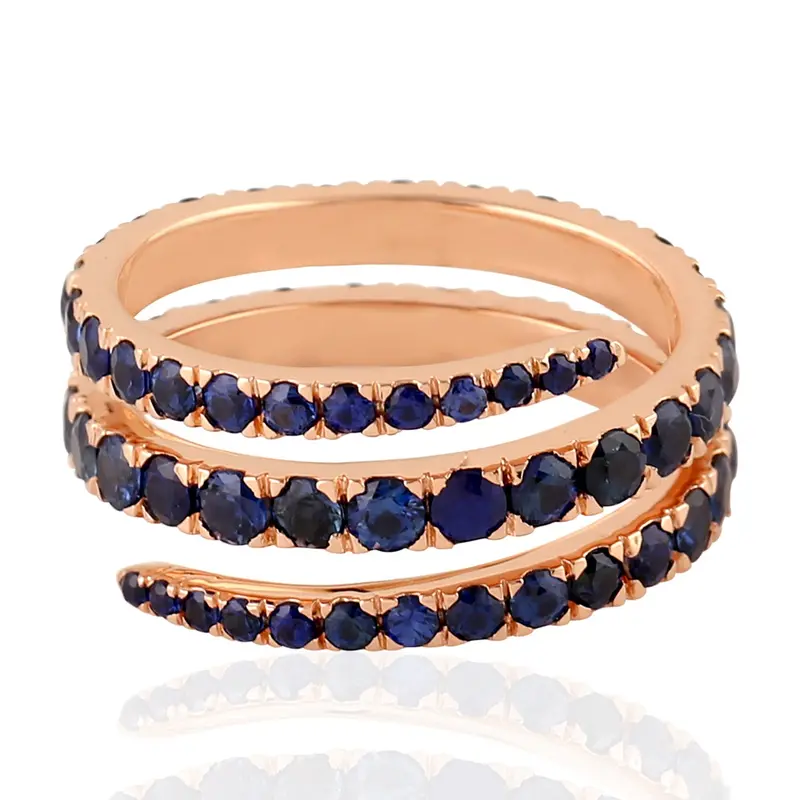 14K Rose Gold Spiral Ring Set With Pave Blue Sapphire Gemstones 1