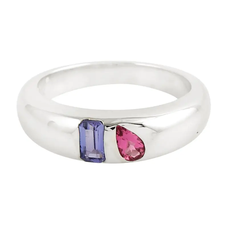 14K White Gold Band Ring Featuring Baguette Tanzanite And Bezel-Set Pink Tourmaline 1