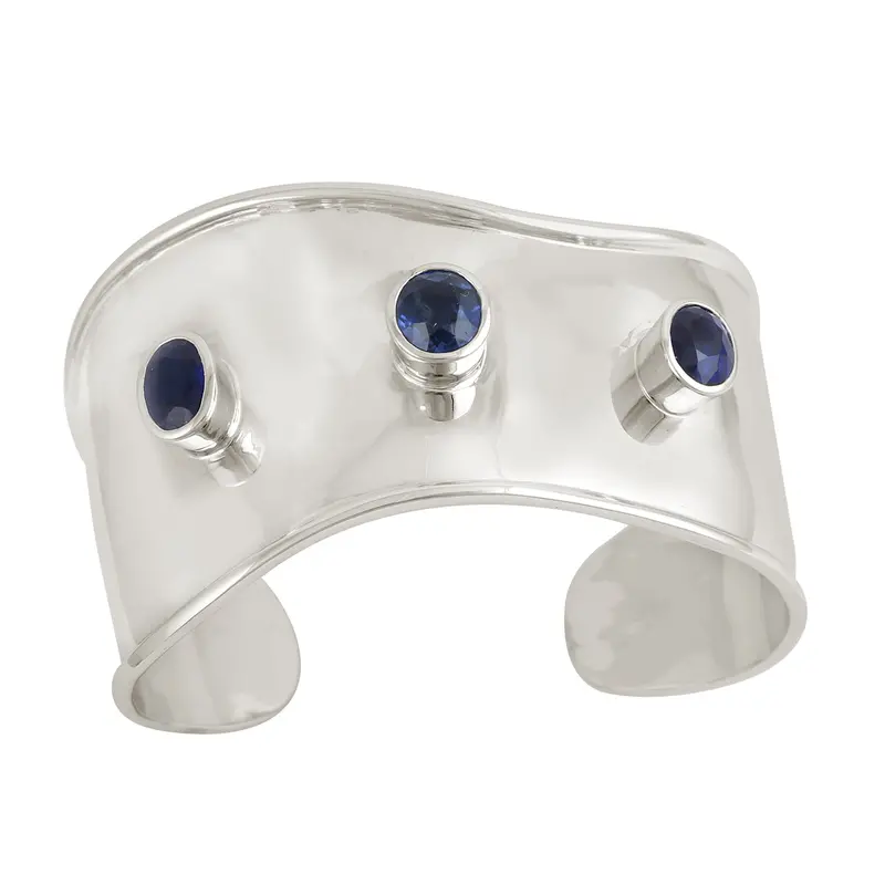 14K White Gold Cuff Bracelet Featuring Blue Sapphire In Bezel Setting – Elegant Women'S Accessory 1