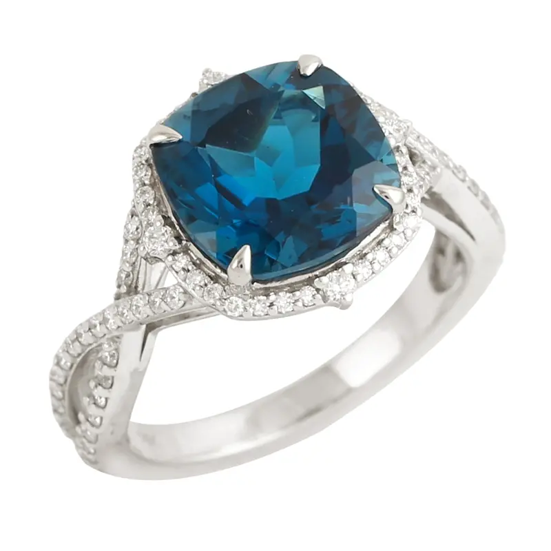 14K White Gold Cushion-Cut London Blue Topaz Solitaire Ring With Pavé Diamond Band 1