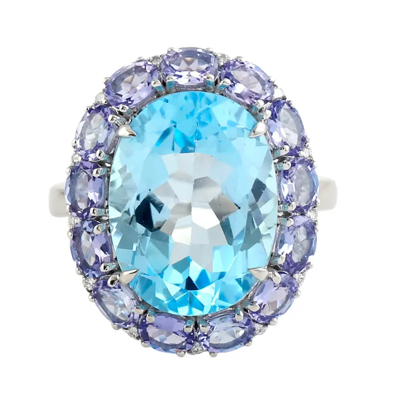 14K White Gold Dome Ring With Blue Topaz, Tanzanite, And Pavé Diamond Accents 1