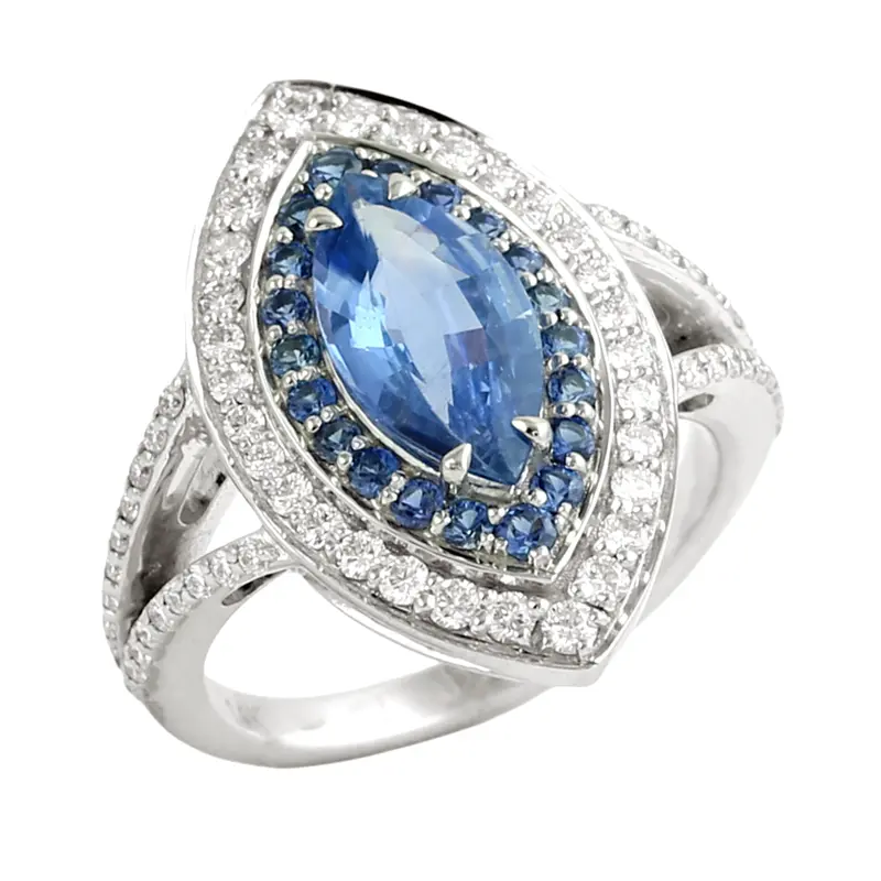 14K White Gold Marquise Blue Sapphire Cocktail Ring With Double Diamond Halo 1