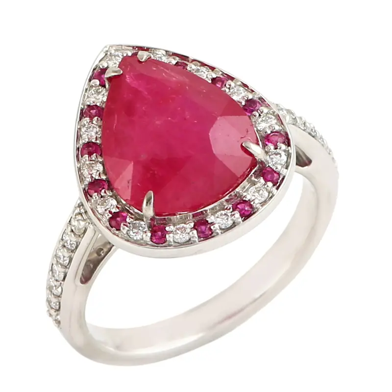 14K White Gold Solitaire Ring Featuring Pear-Cut Ruby And Pavé Diamond Surround 1