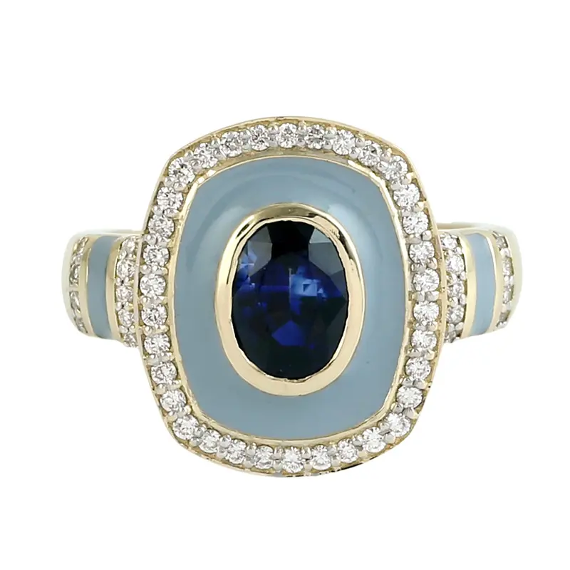 14K Yellow Gold Blue Sapphire Ring With Enamel Detailing And Pavé Diamond Halo 1