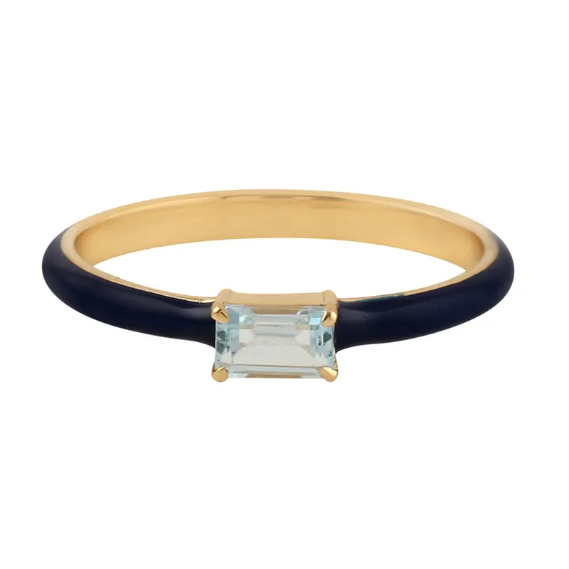 14K Yellow Gold Blue Topaz Baguette Ring With Enamel Accents 1