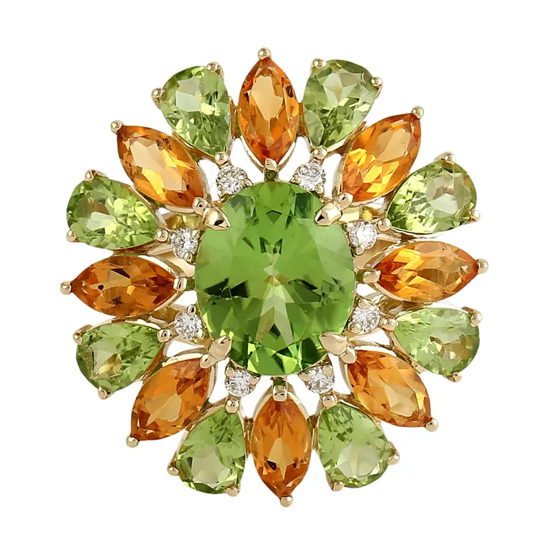 14K Yellow Gold Cocktail Ring With Pear Peridot, Marquise Citrine, And Pavé Diamond Details 1