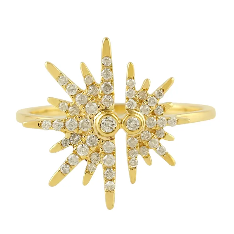 14K Yellow Gold Double Sunburst Ring With Delicate Micro-Pave Diamond Embellishment 1