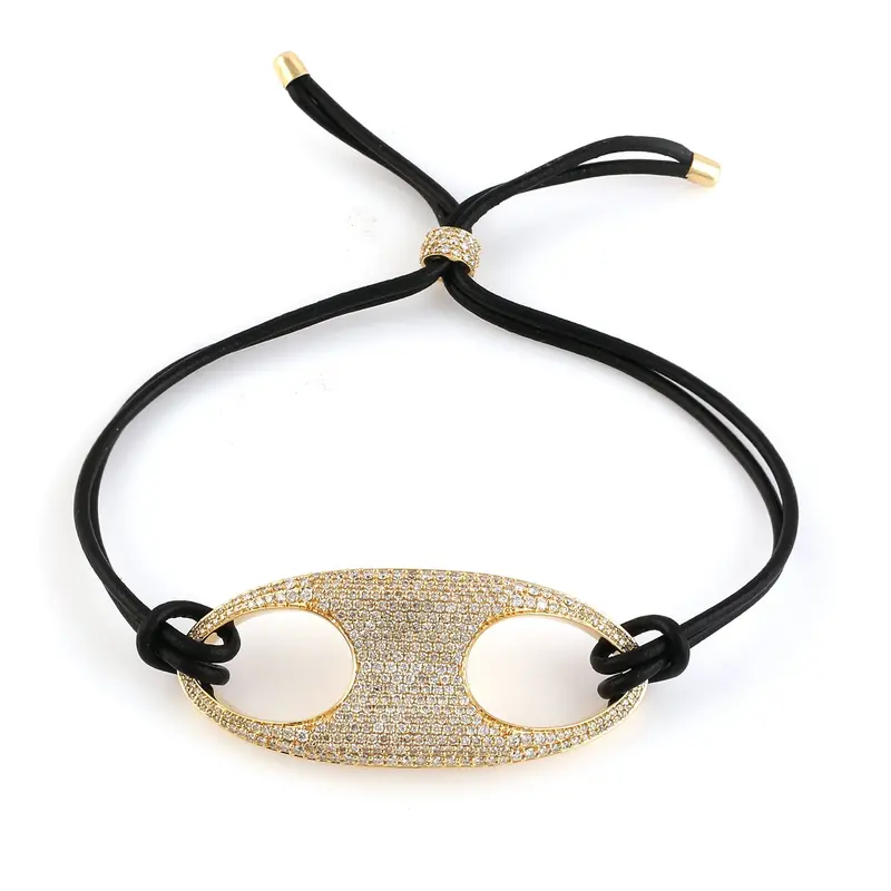 14K Yellow Gold Leather Bracelet With Micro-Pavé Diamonds 1