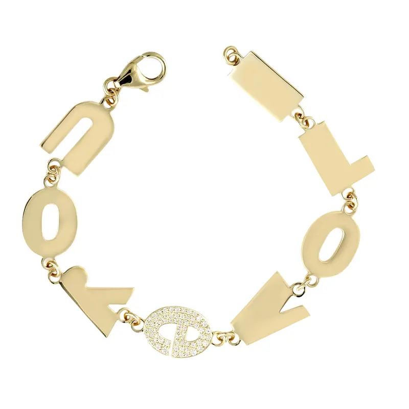 14K Yellow Gold "Love" Letter Link Bracelet With Diamond Details 1