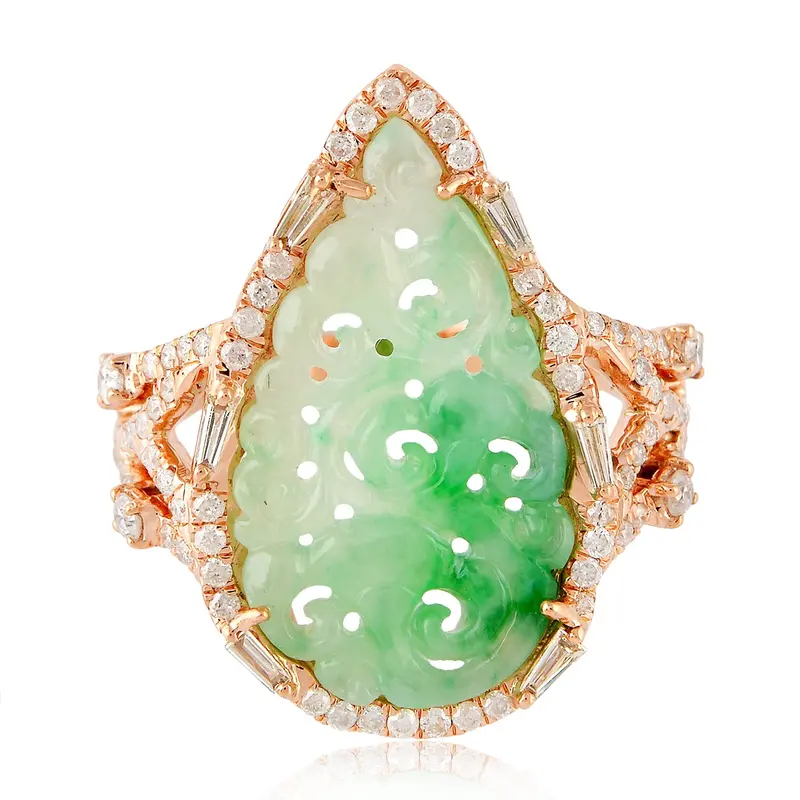 18K Rose Gold Drop Ring With Carved Jade And Prong-Set Baguette Diamonds 1