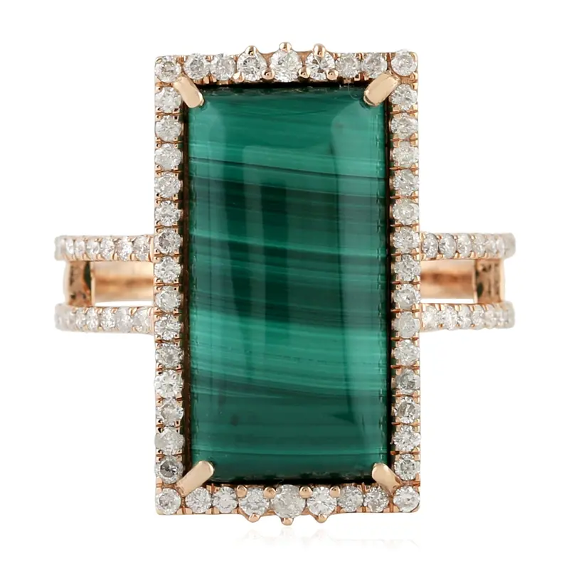18K Rose Gold Long Ring Featuring Baguette-Cut Malachite And Pave Diamond Accents 1