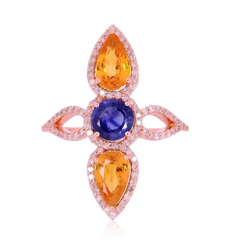 18K Rose Gold Long Ring With Round Sapphire And Pave Diamond Accents 1