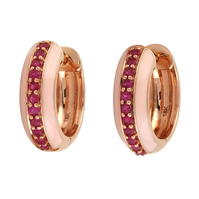 18K Rose Gold Ruby Huggie Earrings With Pink Enamel Detailing 1