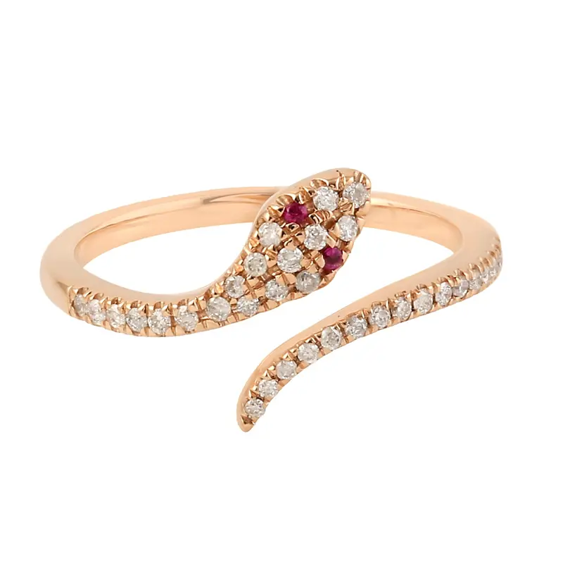 18K Rose Gold Serpent Bypass Ring Featuring Ruby Gemstones And Pavé Diamonds 1
