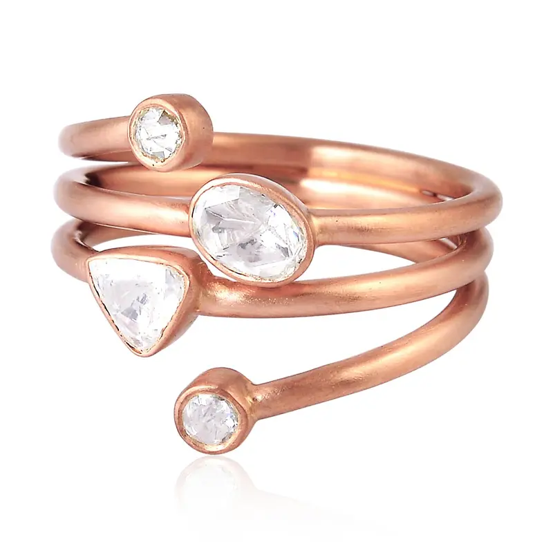 18K Rose Gold Spiral Ring Set With Bezel-Mounted Rose Cut Diamonds 1