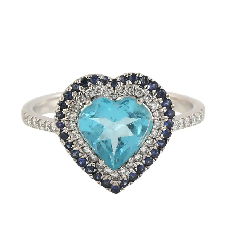 18K White Gold Apatite Heart Ring Adorned With Pavé Blue Sapphires & Diamonds 1
