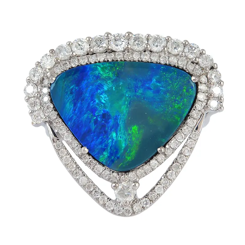 18K White Gold Cocktail Ring Featuring Australian Opal And Diamond Halo 1