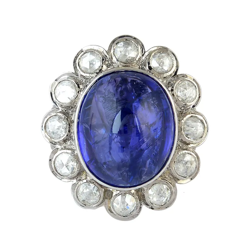 18K White Gold Cocktail Ring With Cabochon Tanzanite And Diamond Halo 1