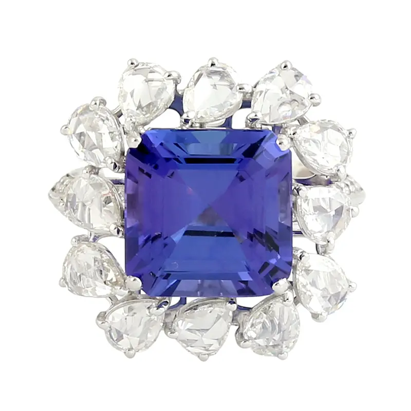 18K White Gold Square Tanzanite Engagement Ring With Rose-Cut Diamond Halo 1