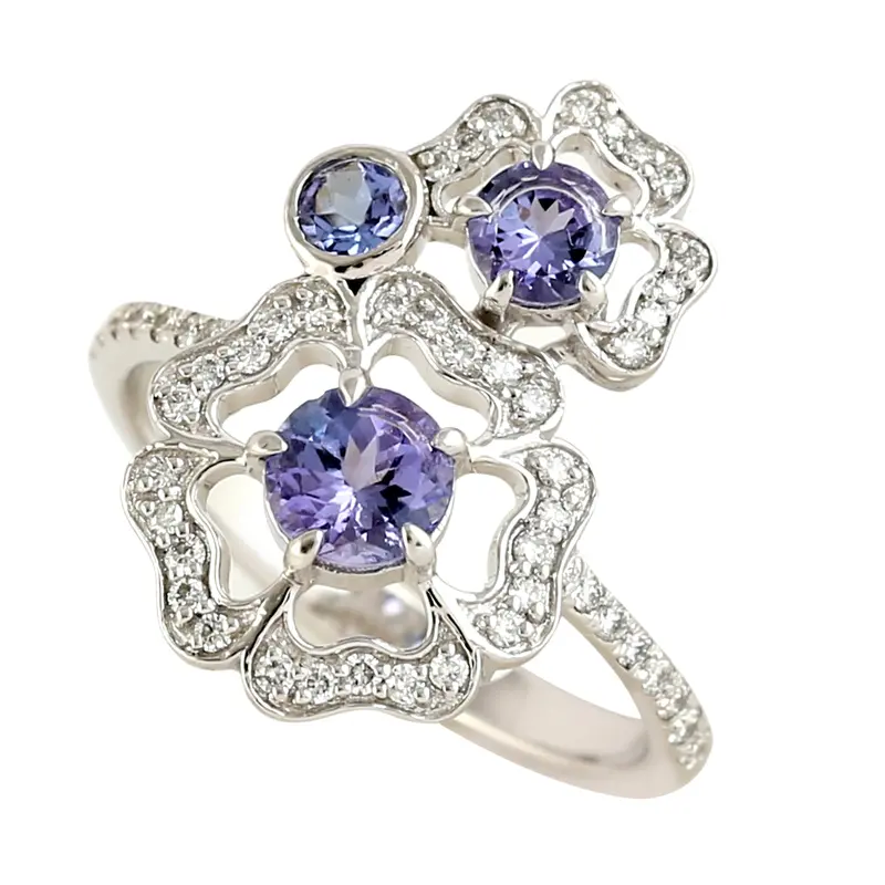 18K White Gold Tanzanite Flower Ring Enhanced With Pavé Diamond Detailing 1