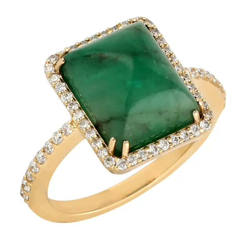 18K Yellow Gold Fancy Emerald Birthstone Ring With Diamond Accents 1
