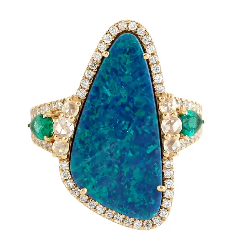 18K Yellow Gold Statement Ring Featuring Australian Opal, Emerald & Rose-Cut Diamond 1