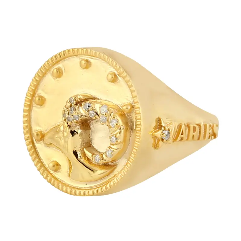 Aries Zodiac Signet Ring In 14K Yellow Gold With Diamond Detailing 1