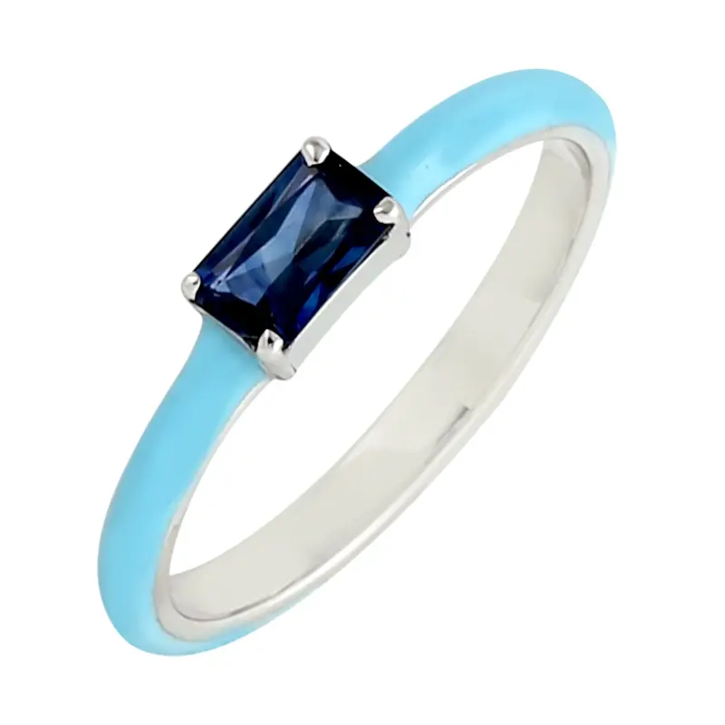 Baguette Blue Sapphire Enamel Band Ring In 18K White Gold 1