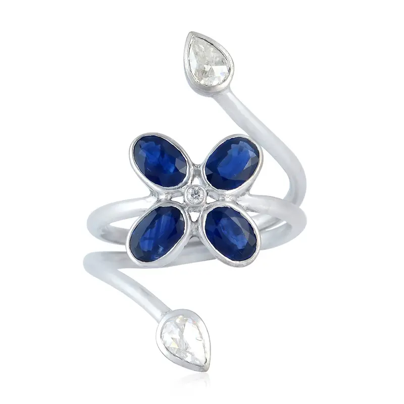 Blue Sapphire And Rose-Cut Diamond Spiral Ring In 18K White Gold 1