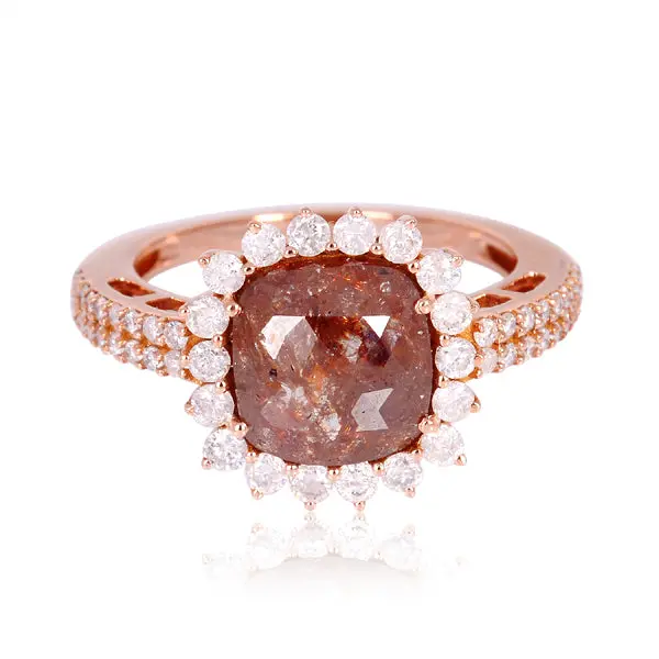 Brown Ice Diamond Solitaire Ring With Halo Setting In 18K Rose Gold 1