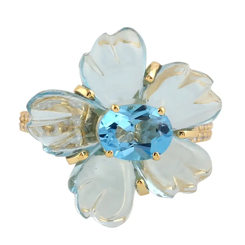 Carved Floral Ring In 18K Gold Featuring Blue Topaz And Pavé Diamonds 1