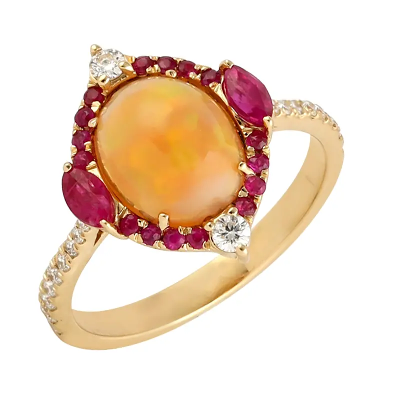 Cocktail Ring In 18K Yellow Gold Featuring Ethiopian Opal, Ruby, And Pave Diamond Accents 1