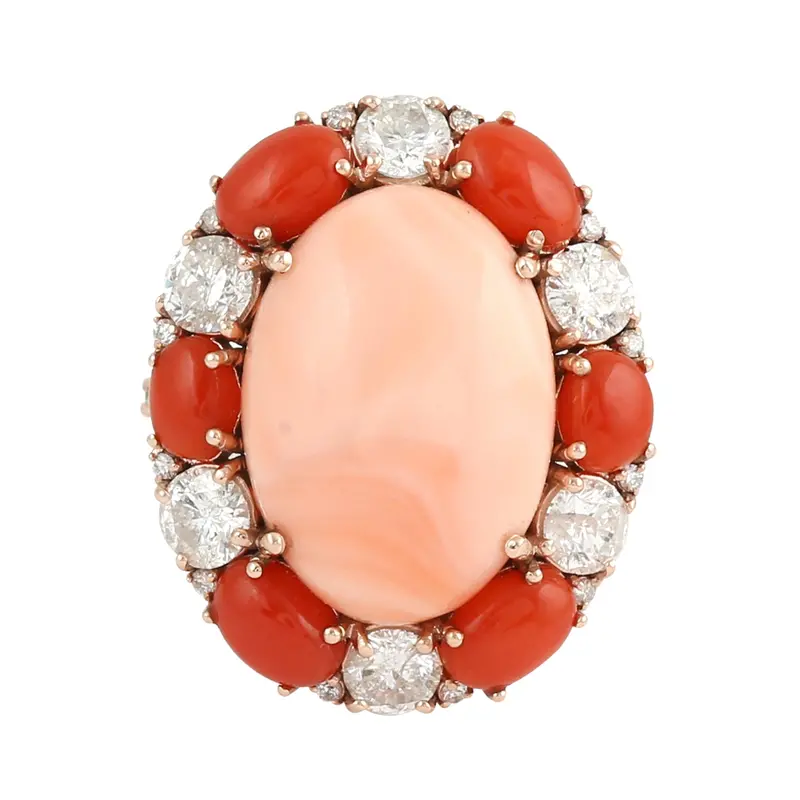 Coral Cocktail Ring With Pear-Cut Gemstone And Rose-Cut Diamond Details In 14K Rose Gold 1