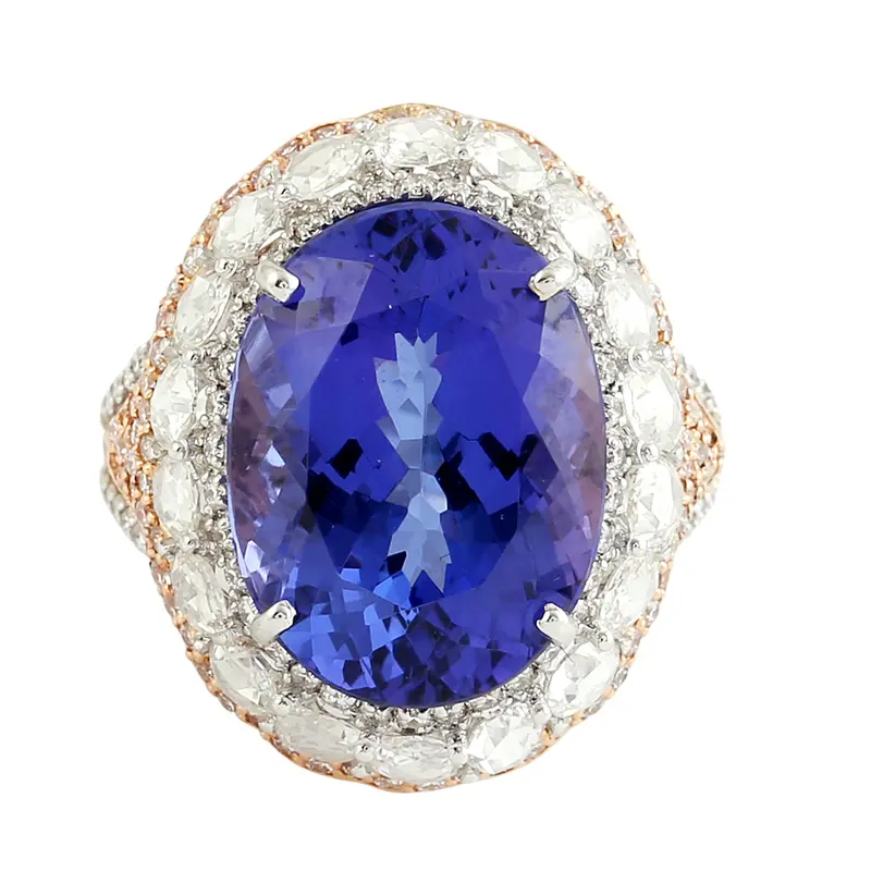 Designer Dome Ring In 18K White And Rose Gold Featuring Oval Tanzanite And Uncut Diamonds 1