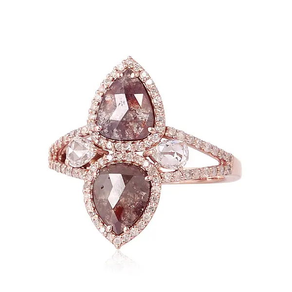 Double Pear Brown Ice Diamond Ring With Accent Diamonds In 18K Rose Gold 1