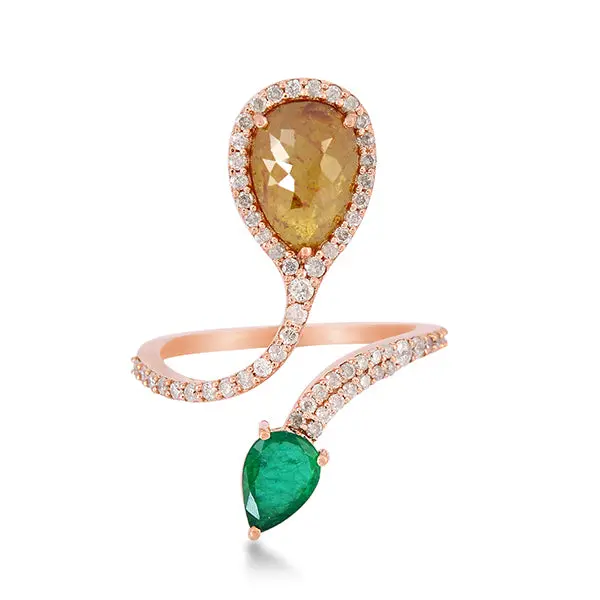Emerald And Ice Diamond Snake Bypass Ring In 18K Rose Gold 1