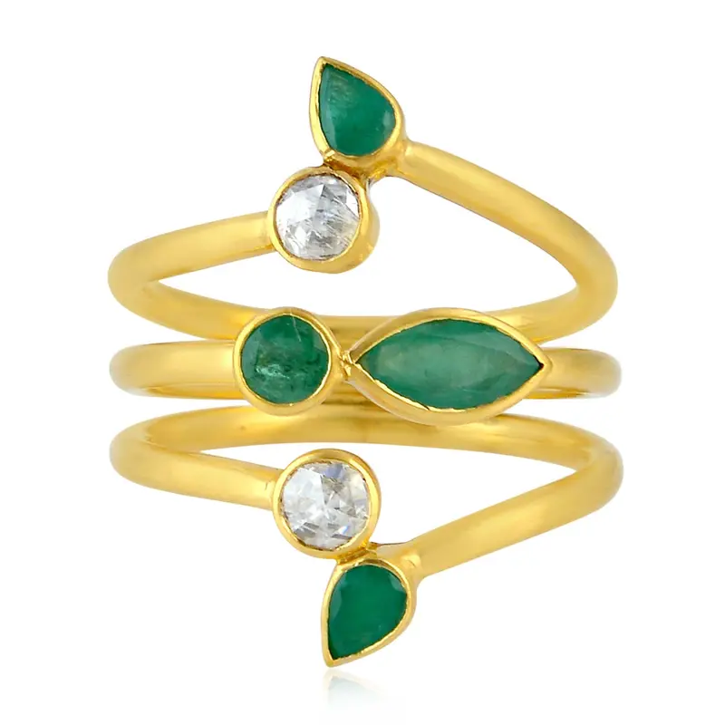 Emerald And Rose-Cut Diamond Spiral Ring In 18K Yellow Gold 1
