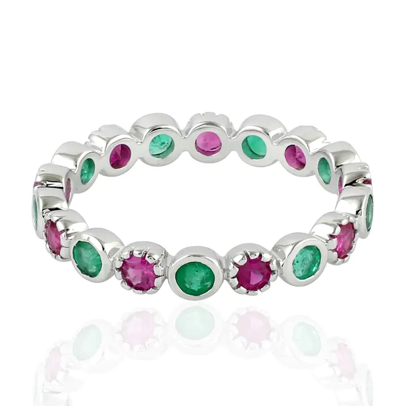 Emerald And Ruby Eternity Band Ring With Bezel Setting In 18K White Gold 1
