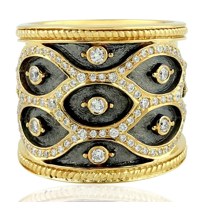 Handmade Pavé Diamond Long Ring In 18K Yellow Gold 1