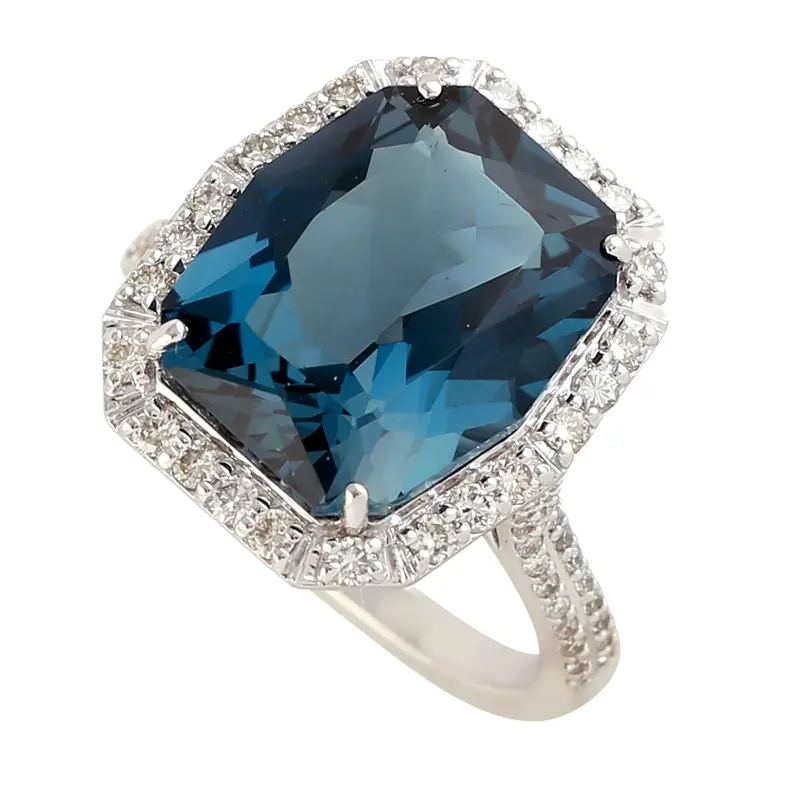 London Blue Topaz Cocktail Ring Featuring Diamond Pave Detailing In 18K White Gold 1