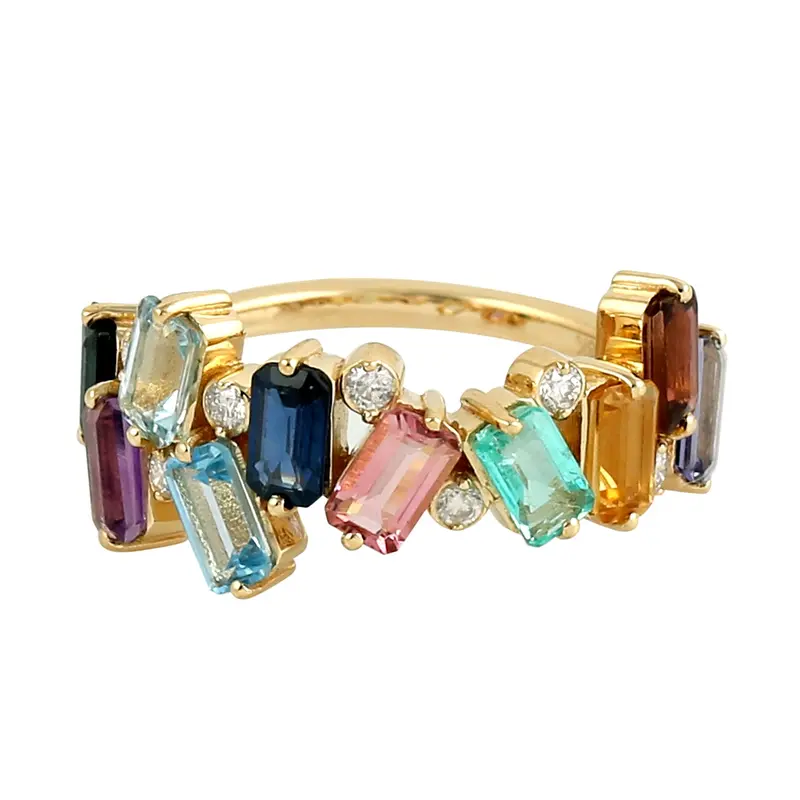 Multi-Gemstone Band Ring With Emerald-Cut Tourmaline And Diamonds In 18K Yellow Gold 1
