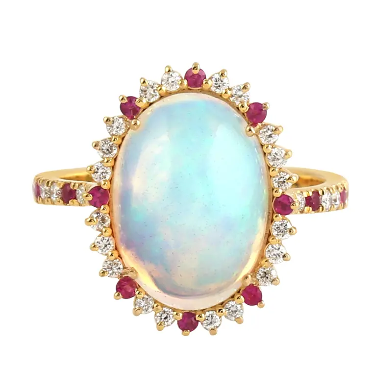 Opal And Ruby Cocktail Ring With Pavé Diamonds In 18K Yellow Gold 1
