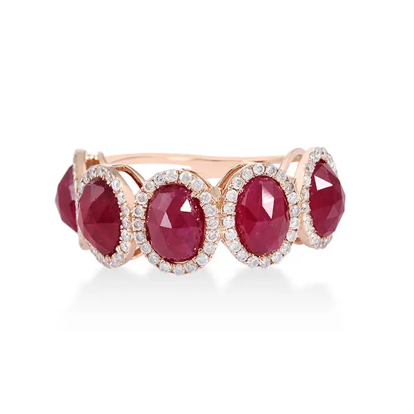 Oval Ruby And Diamond Halo Band Ring In 18K Rose Gold 1