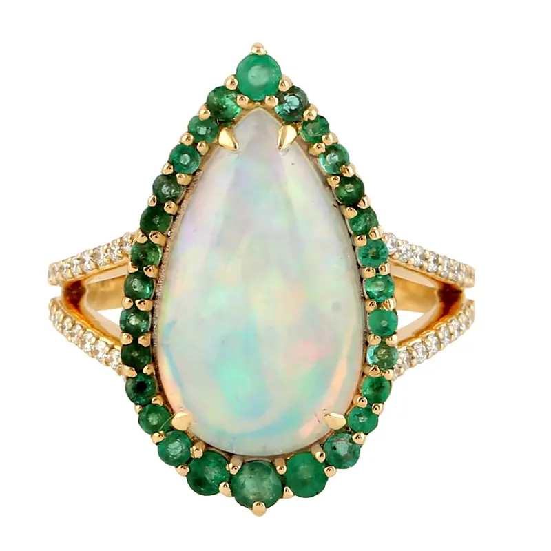Pear-Shaped Ring Featuring Ethiopian Opal, Emerald, And Pavé Diamonds In 18K Yellow Gold 1