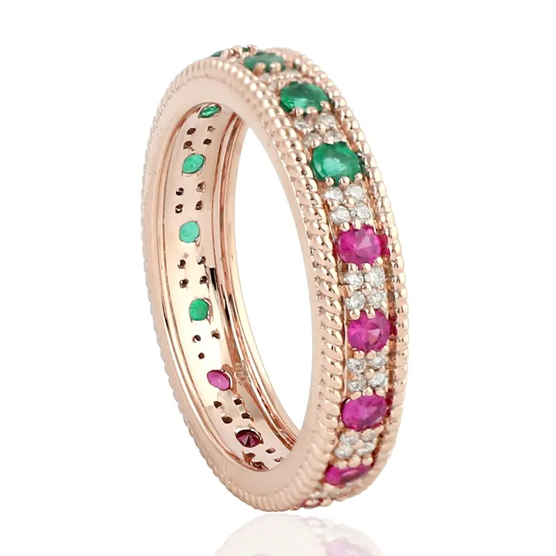 Rose Gold Band Ring Featuring Emeralds, Rubies, And Pave Diamond Detailing 1