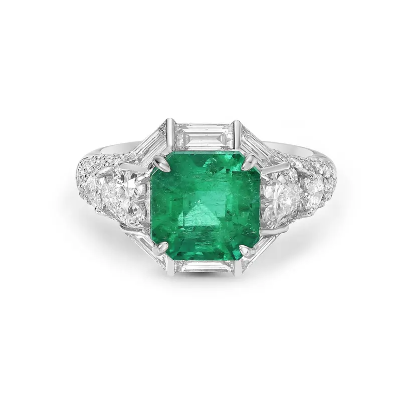 Square Rose-Cut Diamond Ring With Emerald Accent In 18K White Gold 1