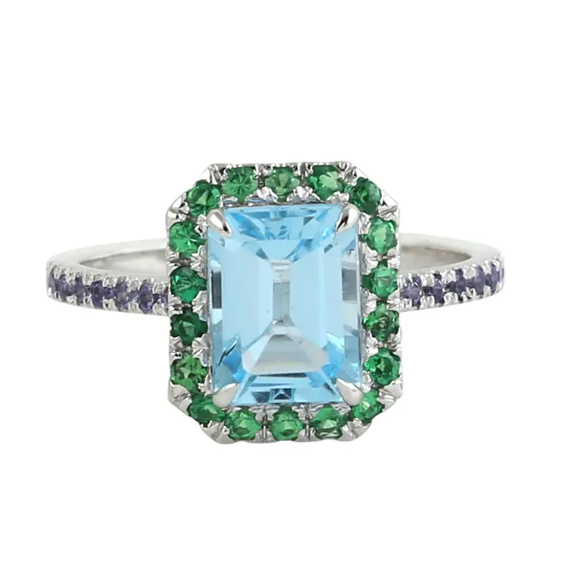 Statement Ring Featuring Blue Topaz, Tsavorite Halo, And Tanzanite Accents In 18K White Gold 1