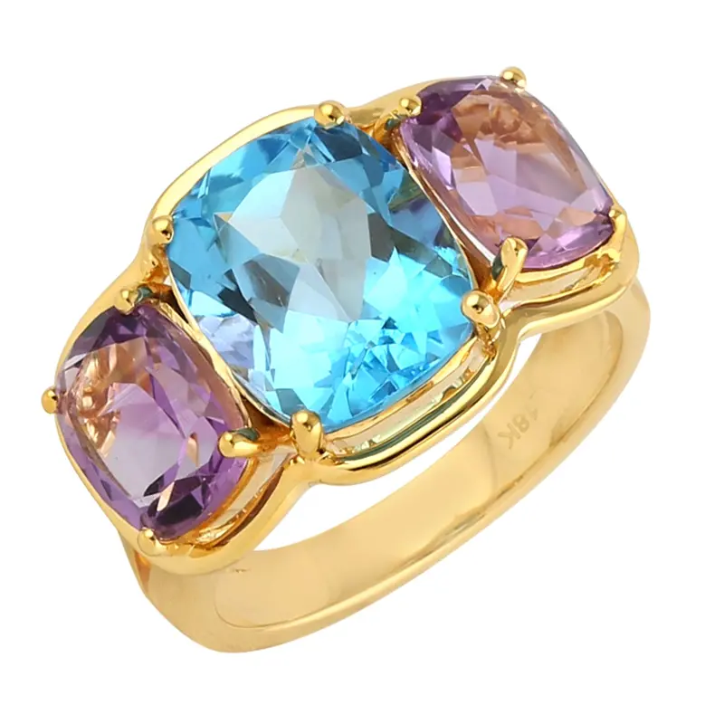 Three-Stone Amethyst And Blue Topaz Ring In 18K Yellow Gold — Thoughtful Gift 1