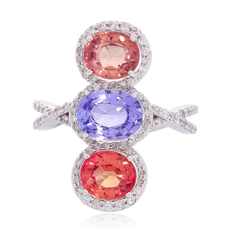 Three-Stone Ring In 18K White Gold With Oval Sapphires And Pave Diamond Detailing 1
